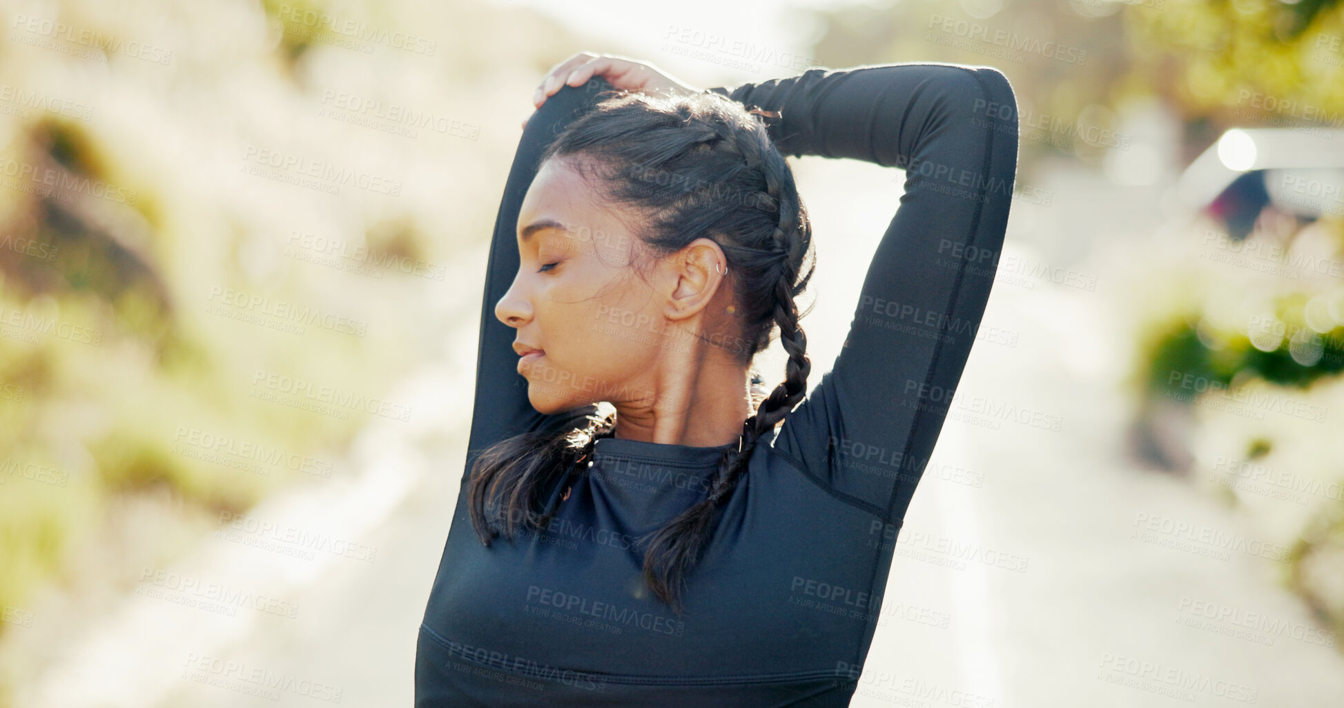 Buy stock photo Active, woman and stretching for fitness outdoor of running exercise, marathon training and cardio routine. Female athlete, runner and muscle warm up for workout, sports competition and wellness goal