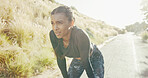 Fitness, running and tired with sports Indian woman outdoor in mountains for break or rest. Breathing, exercise and fatigue with athlete or runner in nature for cardio, marathon training or workout