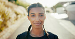 Portrait, outdoor and woman with fitness, runner and training with challenge, practice and endurance. Face, healthy person and athlete in street, exercise and workout for wellness, nature and morning