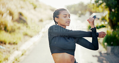 Buy stock photo Stretching, fitness and runner with woman in nature for workout, marathon training and health. Wellness, warm up and sports with person outdoor for exercise, female athlete and running practice