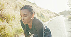 Tired, woman and running for fitness outdoor for breathe, marathon training and recovery of exercise. Fatigue, female athlete and runner rest with workout break, sports competition and cardio burnout