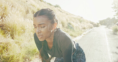Buy stock photo Tired, woman and running for fitness outdoor for breathe, marathon training and recovery of exercise. Fatigue, female athlete and runner rest with workout break, sports competition and cardio burnout