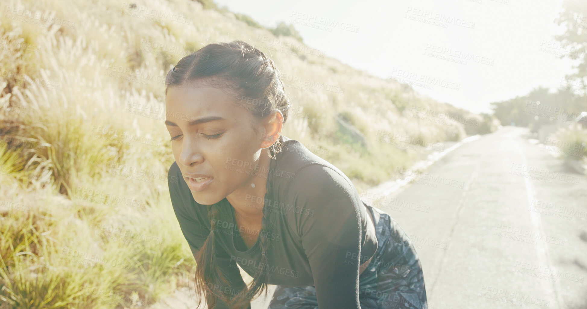 Buy stock photo Tired, woman and running for fitness outdoor for breathe, marathon training and recovery of exercise. Fatigue, female athlete and runner rest with workout break, sports competition and cardio burnout
