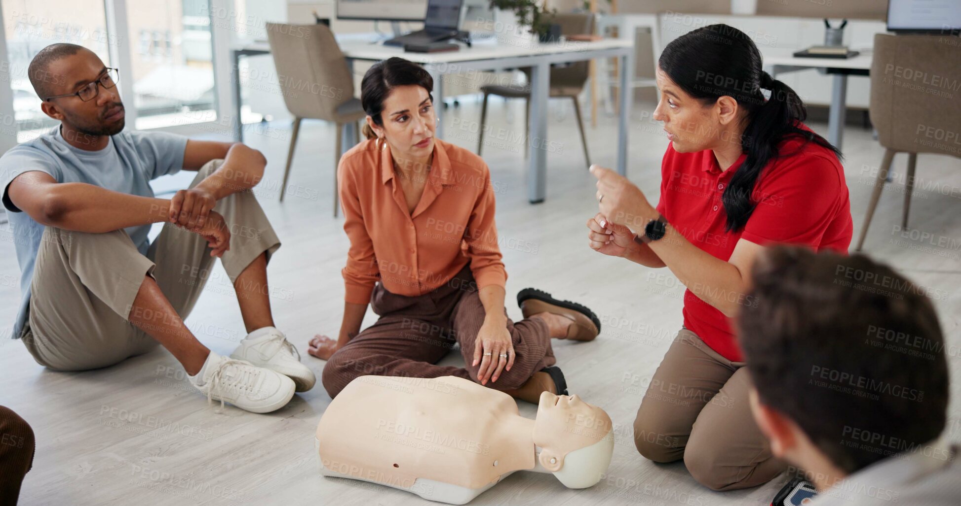 Buy stock photo People, mannequin or first aid in office for learning, CPR workshop or safety demonstration. Design team, medic or dummy in agency for life saving procedure, emergency practice or employee engagement