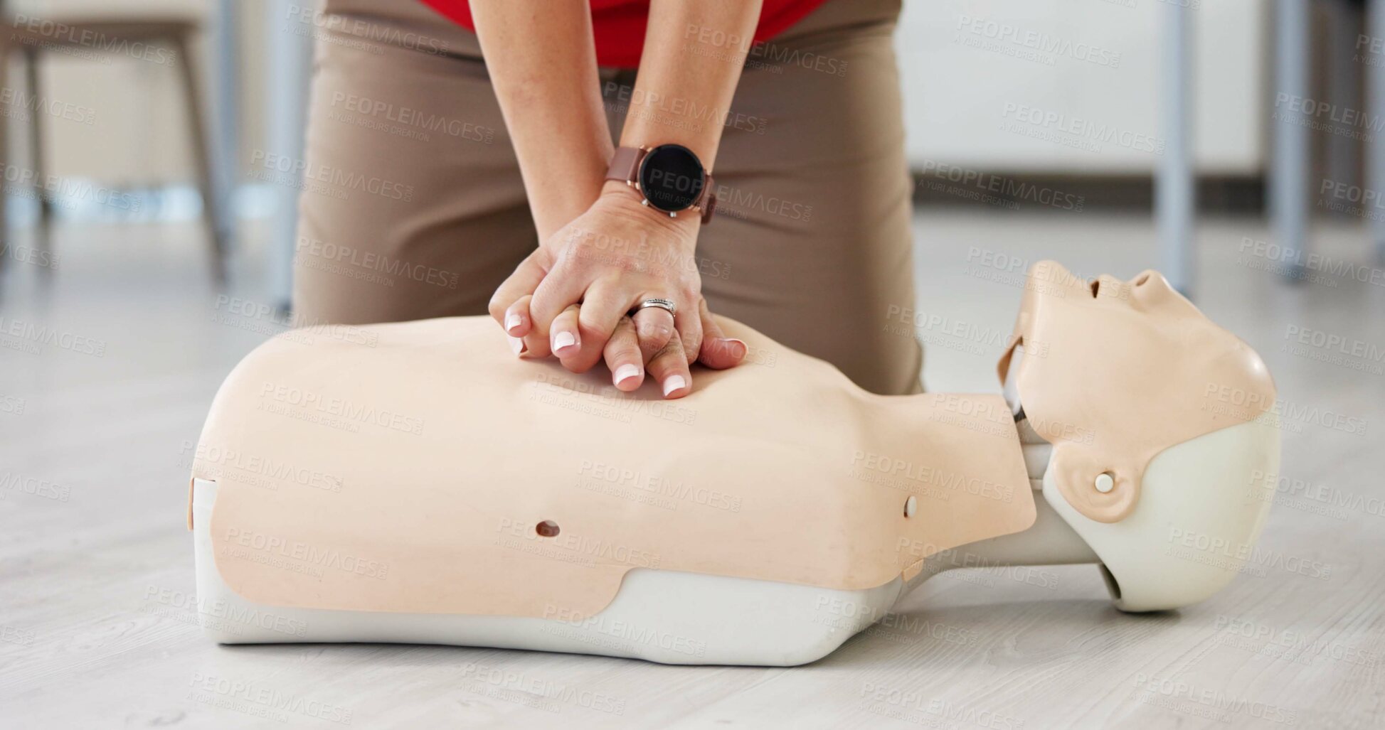 Buy stock photo Mannequin, cpr and training with hands of person for first aid workshop, cardiac arrest and safety protocol. Healthcare class, medical simulation and heart attack rescue with paramedic course