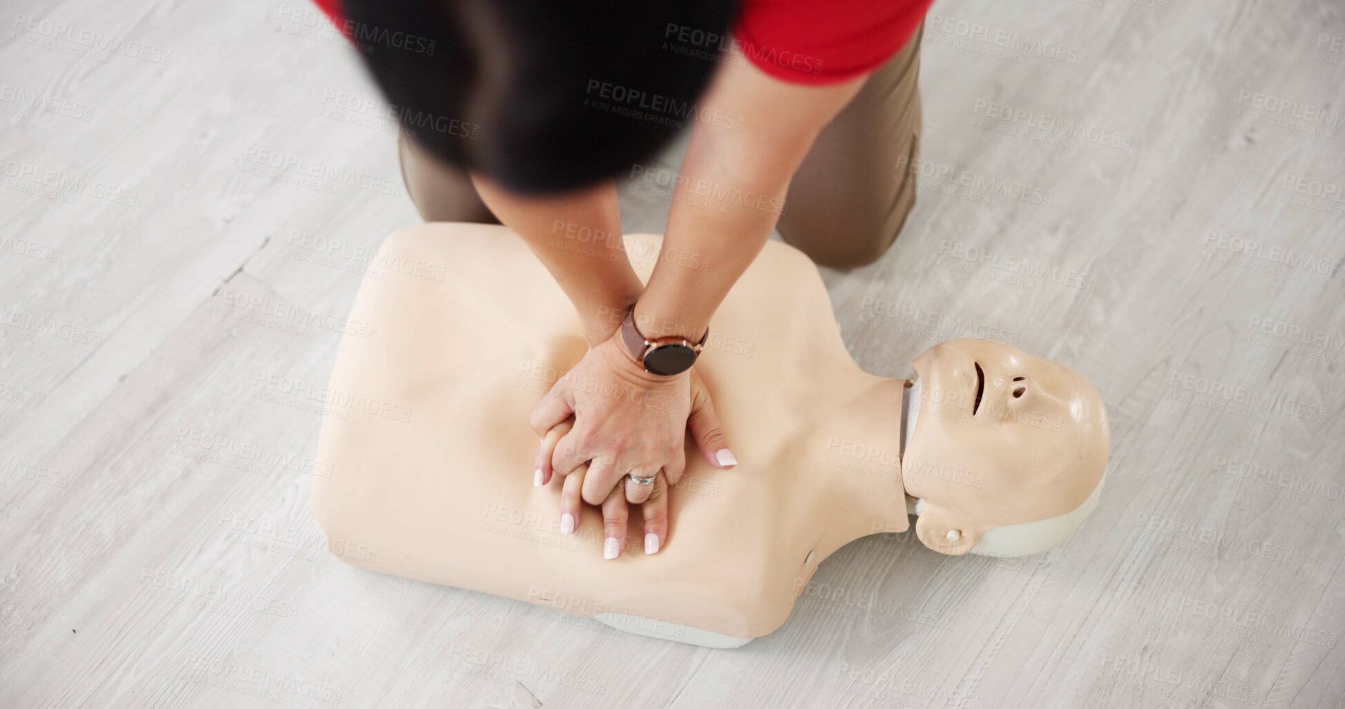 Buy stock photo Mannequin, cpr and training with above of person for first aid workshop, cardiac arrest and safety protocol. Healthcare class, medical simulation and heart attack rescue with paramedic course
