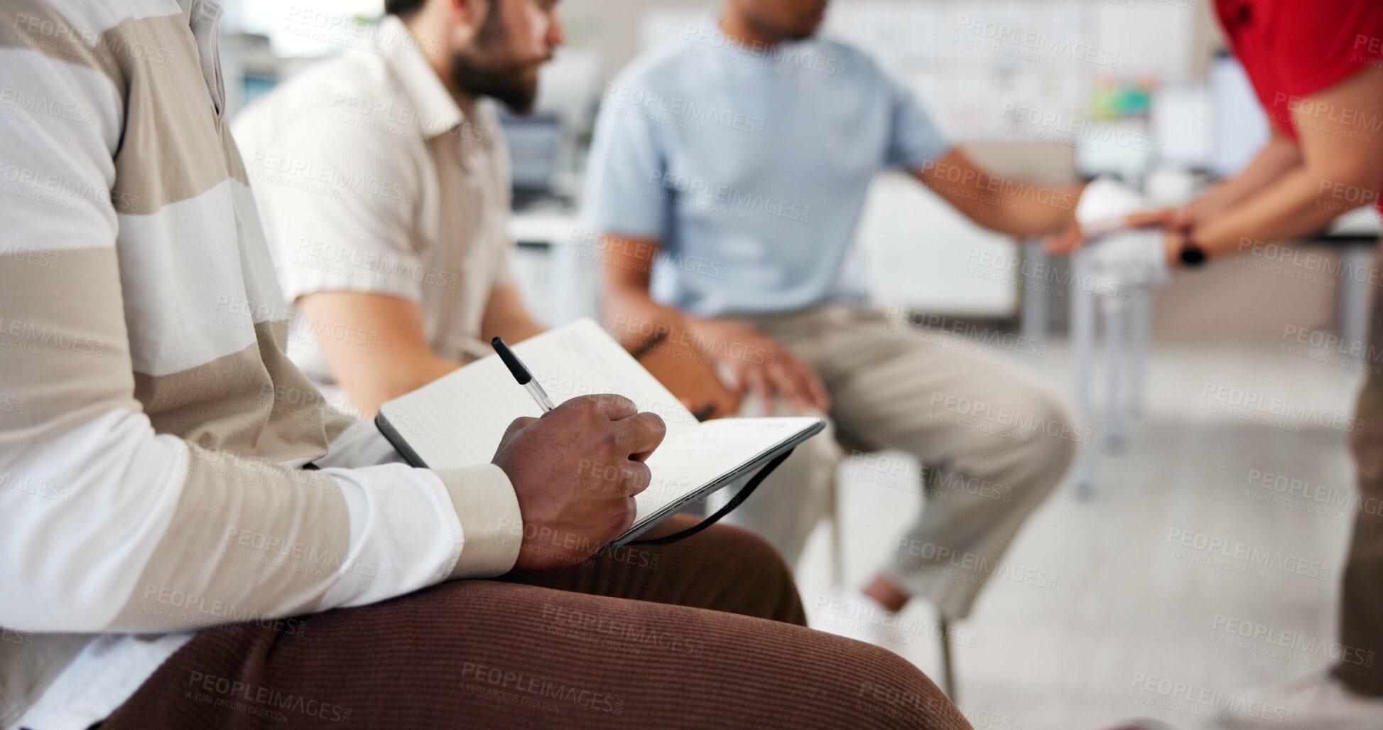 Buy stock photo Hands, first aid and writing for training, emergency and bandage for learning in workplace. Person, notebook and employee development course for safety, teaching and attention for injury at office