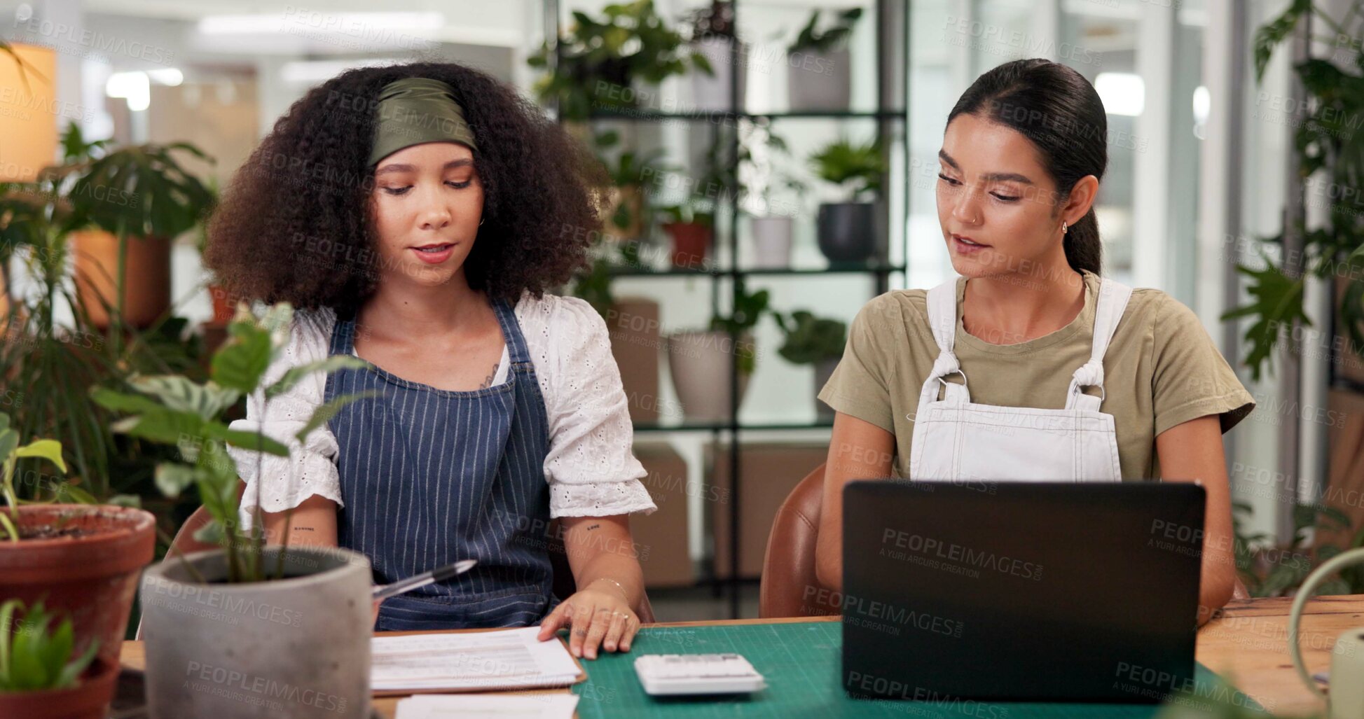 Buy stock photo Budget, laptop and online order with women in flower shop for sale of floral arrangements. Computer, documents and calculator with florist people at desk in office of small business for inventory