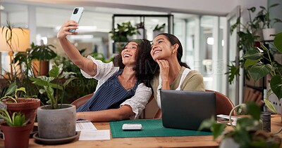 Buy stock photo Women, selfie and florist team in flower shop, photography and online for business media post. People, collaboration and together for company picture in workplace, startup social update and support