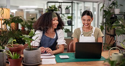 Buy stock photo Collaboration, laptop and online order with women in flower shop for sale of floral arrangement. Budget, computer and typing with happy florist people at desk in office of plant nursery for inventory