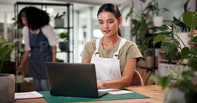 Buy stock photo Laptop, online order and typing with woman in flower shop for sale of floral arrangements. Computer, inventory and plant nursery with florist at desk in office of small business for ecommerce