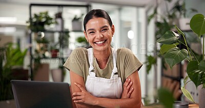 Buy stock photo Arms crossed, laptop and smile with woman in flower shop for online order or sale of floral decor. Computer, desk and plant nursery with happy florist in office of small business for delivery