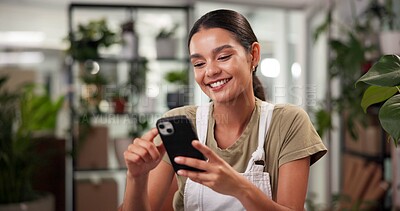 Buy stock photo Phone, woman and florist in shop for order review with small business at startup flower store. Happy, cellphone and female botanist on mobile app for floral biology research in retail plant nursery.