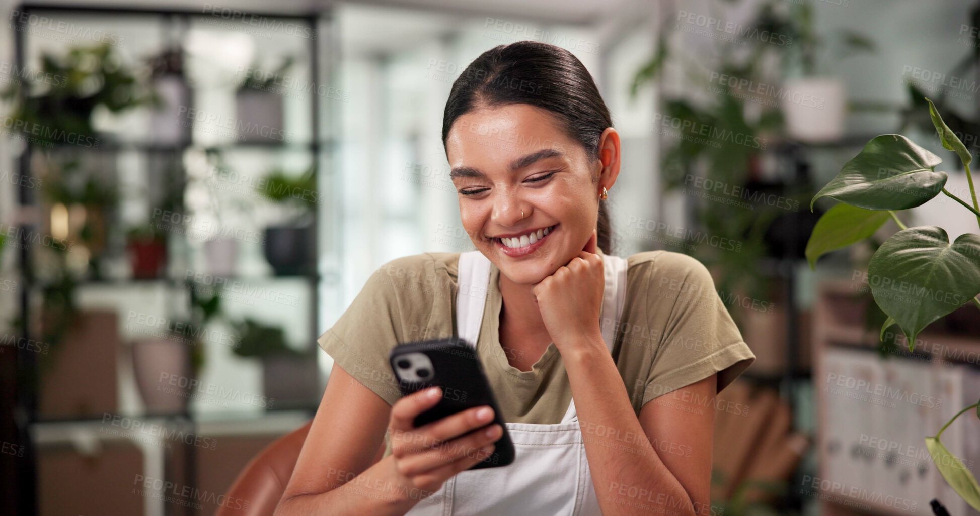 Buy stock photo Phone, woman and botanist in store for order review with small business at startup flower shop. Happy, cellphone and female florist on mobile app for floral biology research in retail plant nursery.