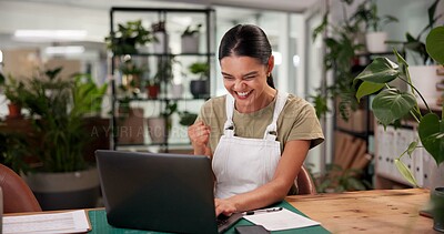 Buy stock photo Fist pump, laptop and online order with woman in flower shop for celebration of sale or success. Computer, deal and plant nursery with winner florist at desk in office of small business for delivery