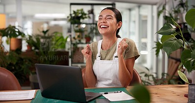 Buy stock photo Celebration, laptop and online order with woman in flower shop for sale, success or victory. Computer, goals and target in plant nursery with fist pump of florist at desk of small business as winner