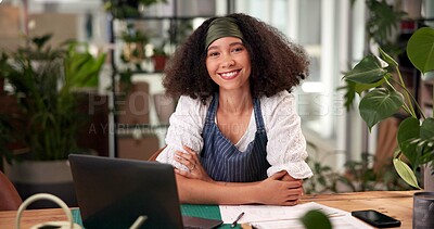 Buy stock photo Laptop, online order and portrait with woman in flower shop for sale of floral arrangements. Computer, plant nursery and smile with happy florist at desk in office of small business for delivery