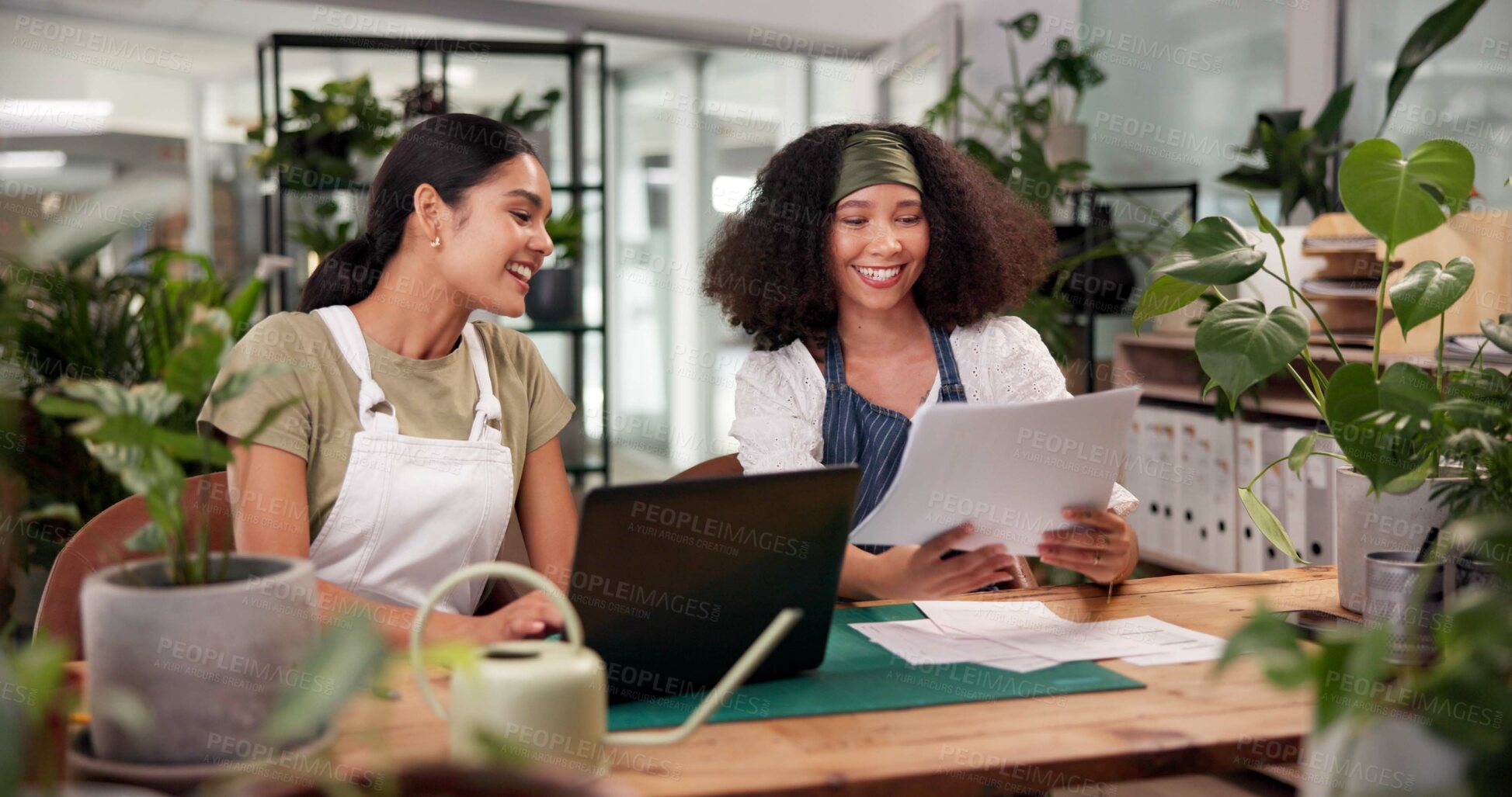 Buy stock photo Collaboration, documents and laptop with women in flower shop for inventory or stock. Computer, smile and plant nursery with happy florist team at desk in office of small business for delivery