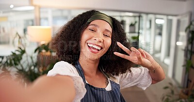 Buy stock photo Woman, selfie and florist peace sign in flower shop, photography and online for business media post. Female person, owner and emoji for launch picture in workplace, startup social update and portrait