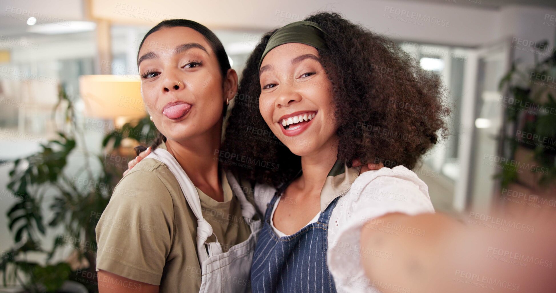 Buy stock photo Women, florist and selfie with partner at store in portrait, excited and funny face at small business. People, happy and team for plants, smile or profile picture on social media at store in Colombia