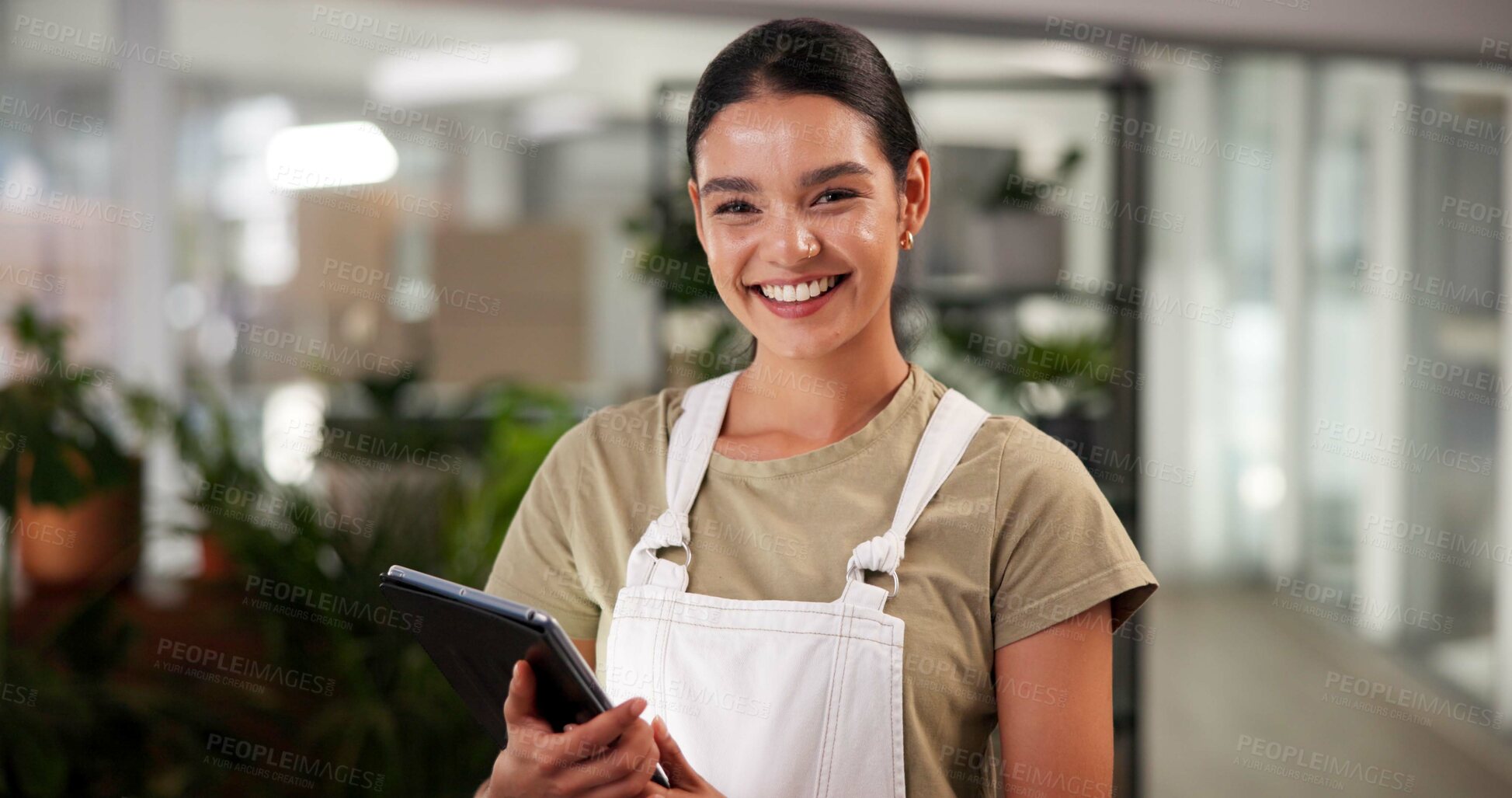 Buy stock photo Portrait, woman and florist on tablet of small business reviews, plants inventory and ecommerce order. Female person, digital app and flower research of floral growth, supply chain and stock delivery