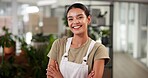 Confident, florist and woman with arms crossed, portrait and sustainability for flower shop. Eco friendly, small business and entrepreneur with smile for startup, proud and growth of plants in store