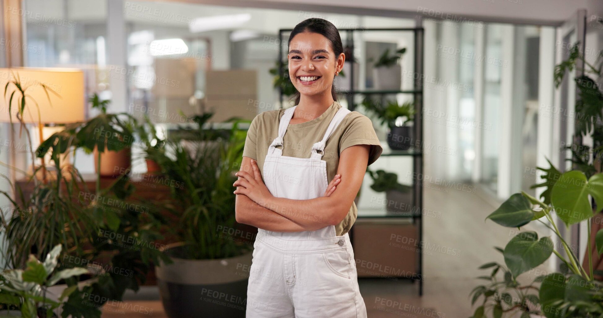 Buy stock photo Nursery, florist and woman with arms crossed, portrait and sustainability for flower shop and confident. Eco friendly, entrepreneur and smile for small business, proud and growth of plants in store
