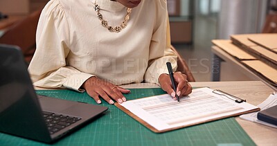 Buy stock photo Warehouse, hands or person on laptop with checklist for shipping plan, supplier or inventory boxes. Ecommerce, paperwork or logistics worker writing form for package, stock or delivery distribution