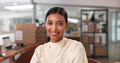 Buy stock photo Portrait, logistics and woman with small business, industry and confident of cargo for supply chain. Proud, entrepreneur and Indian person with stock for startup, office and boxes for shipping
