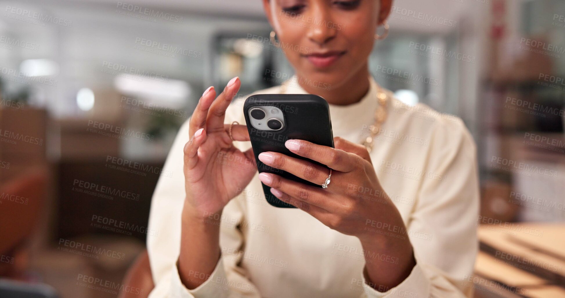Buy stock photo Woman, phone and retail supplier in workplace, online and communication with client for parcel order. Person, scroll and email business contact for shipping info, warehouse and web for distribution