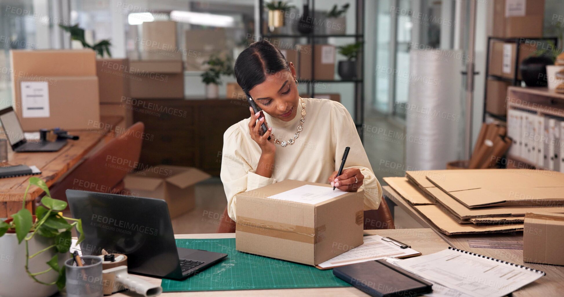 Buy stock photo Phone call, shipping and label with woman and box for courier delivery, logistics schedule or inventory update. Quality control, client feedback and ecommerce with person in startup or small business