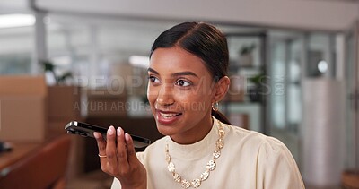 Buy stock photo Business woman, voice or phone for shipping deal, logistics negotiation or online order. Mobile speaker, audio message or note with ai assistant for distribution, talk or delivery schedule in startup