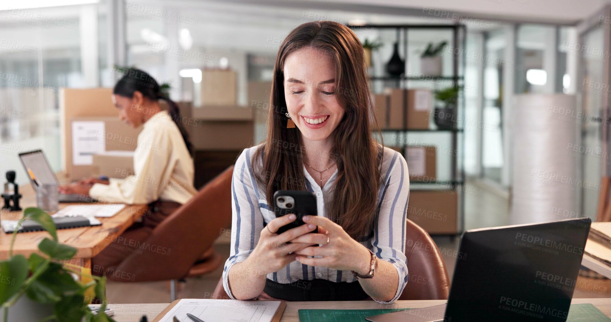 Buy stock photo Woman, phone and retail supplier in office, online and communication with client for parcel order. Female person, chat and email business contact for shipping info, warehouse and web for distribution