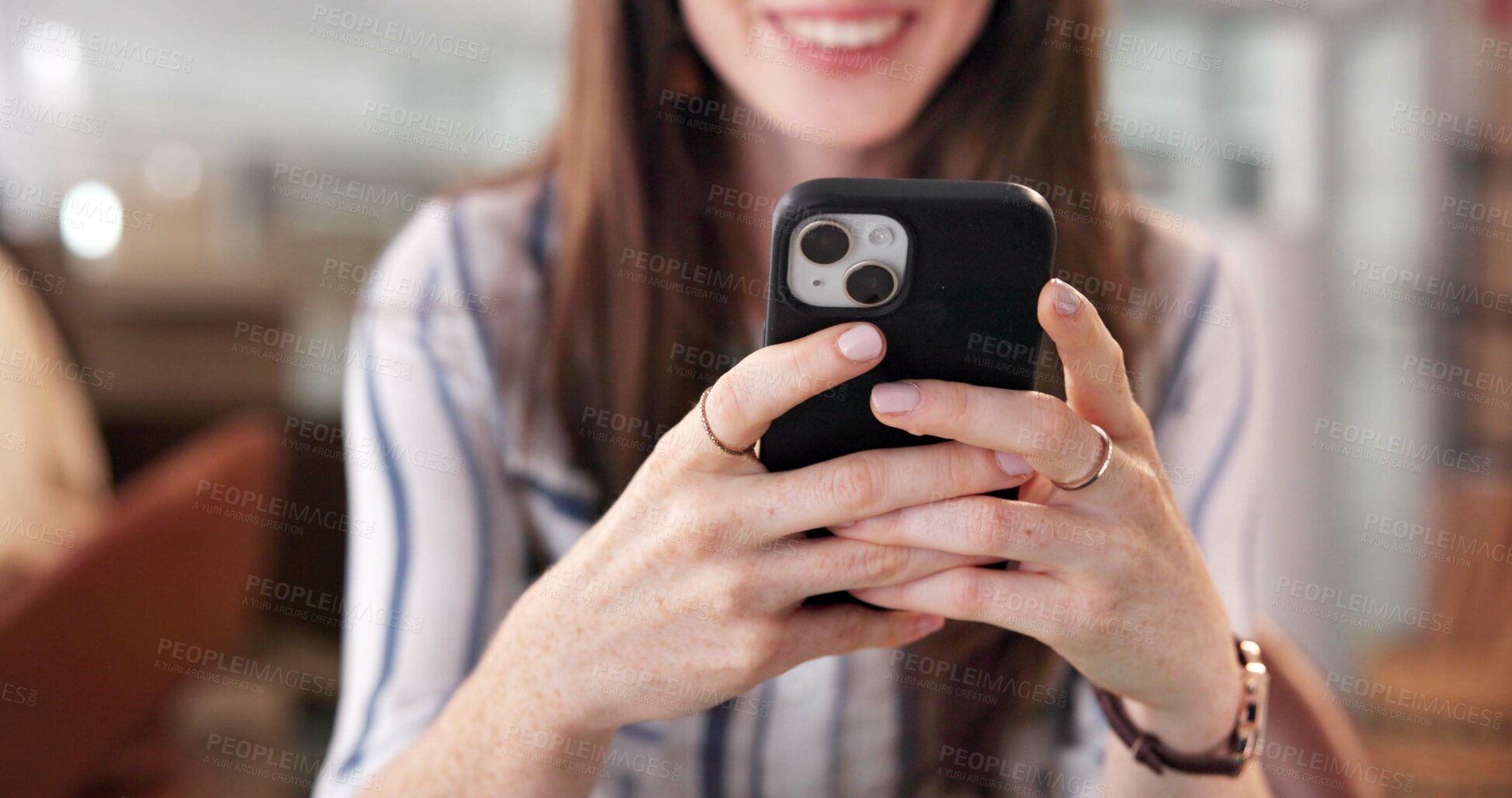 Buy stock photo Hands, mobile and business woman in office for social media marketing, promotion or brand image. Phone, happy employee and typing on app for communication, ads or campaign at creative startup closeup