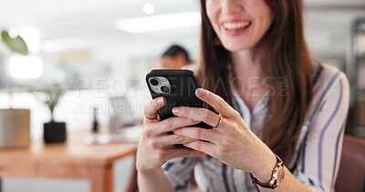 Buy stock photo Hands, phone and business woman in office for social media marketing, promotion or brand image at creative startup. Mobile, happy employee and typing on app for communication, ads and campaign online