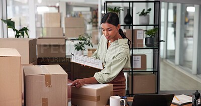 Buy stock photo Checklist, shipping and box with business woman in office for courier delivery, logistics schedule and inventory update. Quality control, distribution and ecommerce cargo with person in startup