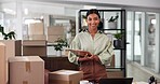 Portrait, boxes and woman with clipboard, inventory and ecommerce with startup, smile and supply chain. Face, happy person and seller with documents, checklist for stock and cardboard with industry