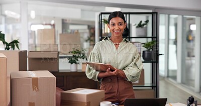 Buy stock photo Portrait, boxes and woman with clipboard, inventory and ecommerce with startup, smile and supply chain. Face, happy person and seller with documents, checklist for stock and cardboard with industry