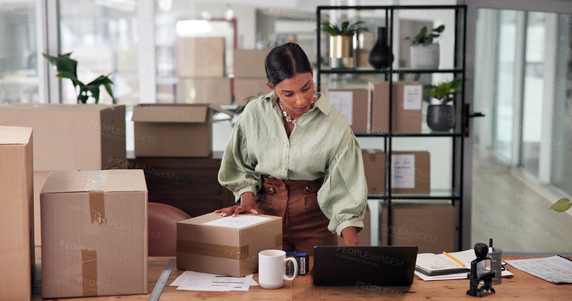 Buy stock photo Laptop, shipping and box with business woman in office for courier delivery, logistics schedule and inventory update. Quality control, client feedback and ecommerce cargo with person in startup