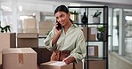 Phone call, shipping and box with business woman in office for courier delivery, logistics schedule and inventory update. Quality control, client feedback and ecommerce cargo with person in startup