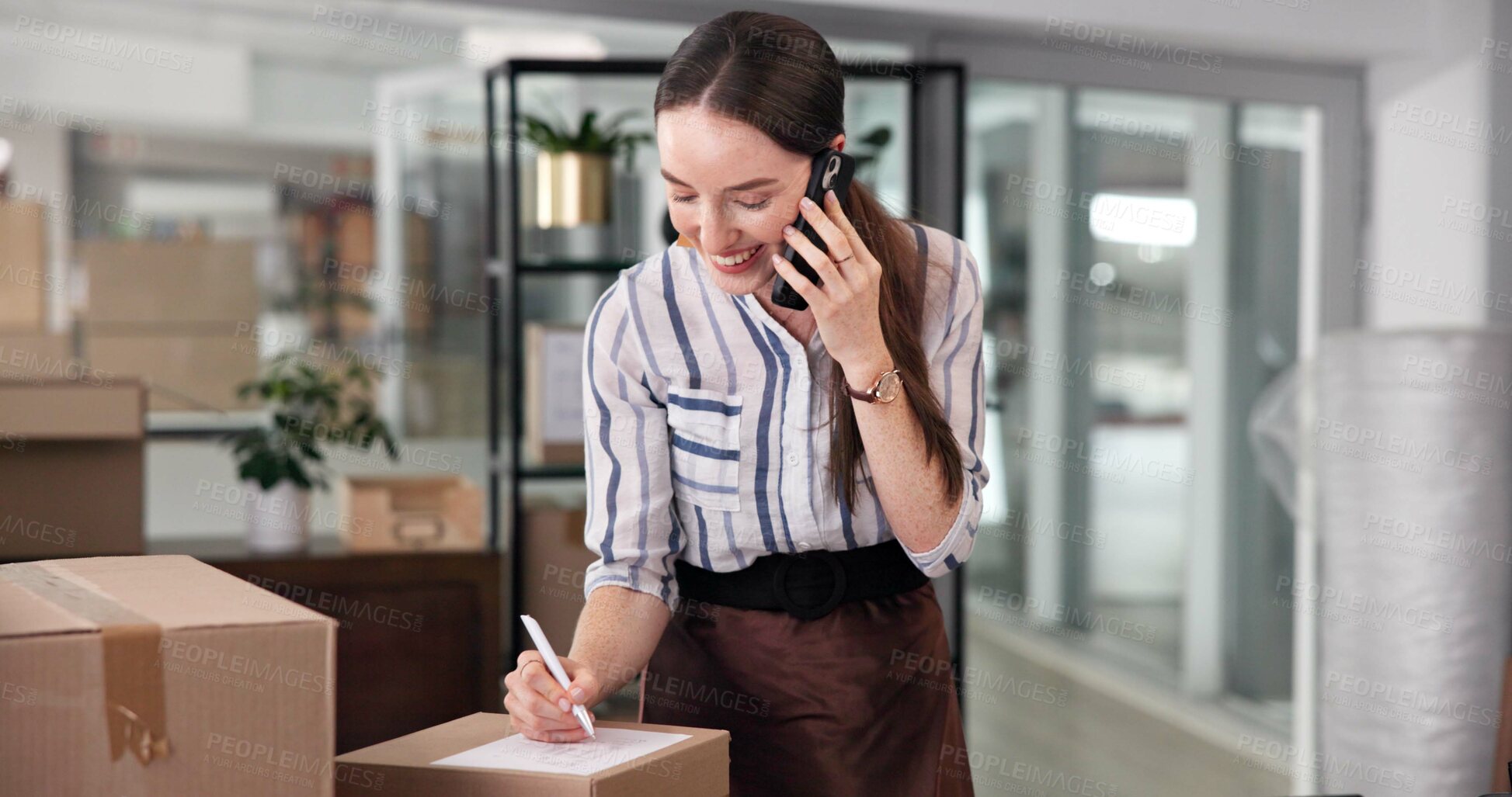 Buy stock photo Phone call, box and label with business woman in office for courier delivery, logistics schedule and inventory update. Quality control, client feedback and ecommerce cargo with person in startup