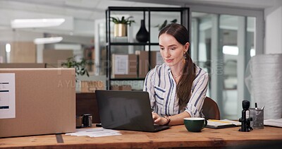 Buy stock photo Order, small business or woman on laptop with package for shipping plan, supplier or boxes. Startup, supply chain or logistics worker typing in warehouse office for stock parcel or inventory delivery