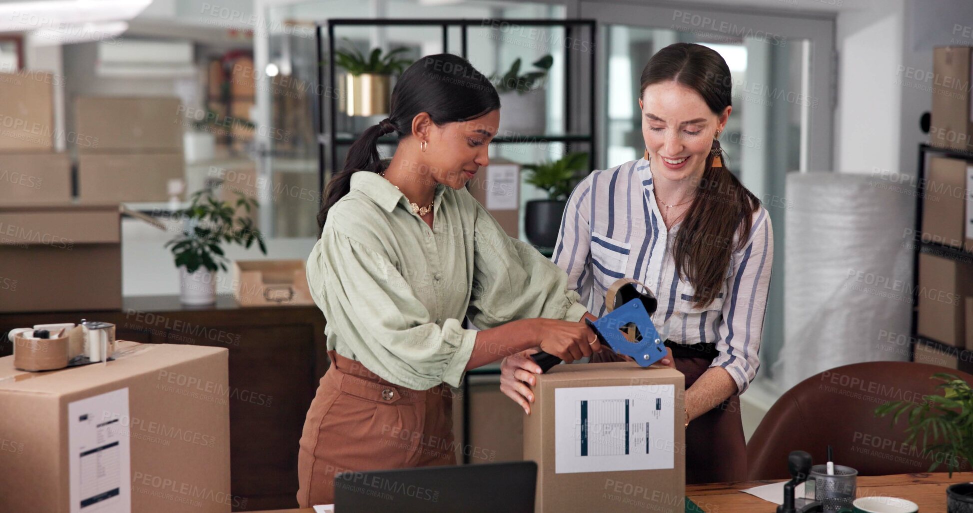 Buy stock photo Logistics, entrepreneur and people with tape, boxes and teamwork for packaging in office, smile or order. Shipping, supply chain or preparing for delivery in warehouse, stock or partnership for women