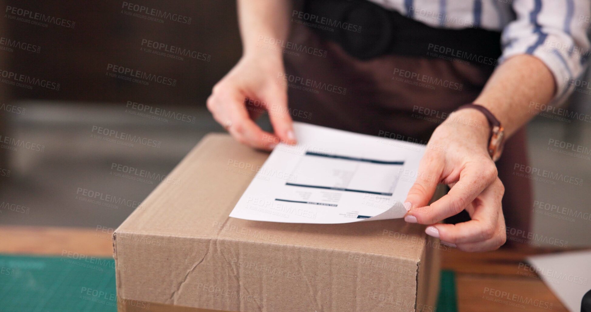 Buy stock photo Business, package label and woman with box, hands and courier with delivery, startup and logistics. Closeup, person and entrepreneur with parcel, shipping process and checklist for product sticker