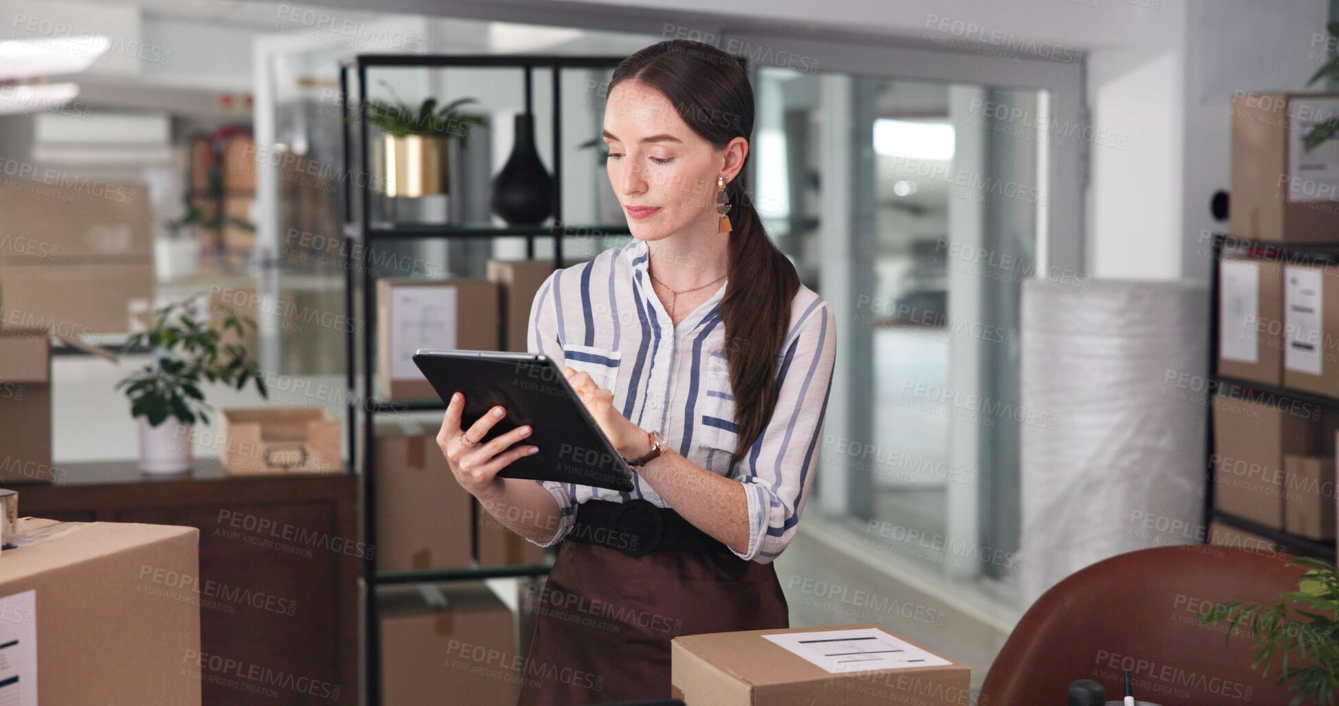 Buy stock photo Distribution, startup and business woman on tablet for reading email, logistics or sales of sustainable plants. App, shipping or technology for stock, check inventory or supply chain online in office