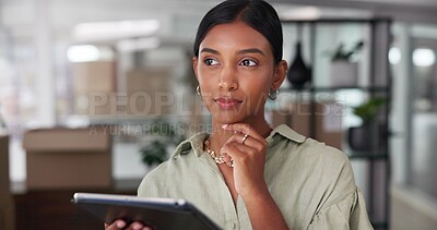 Buy stock photo Shipping, thinking and business woman on tablet for problem solving, logistics idea or vision. Planning, distribution and person on technology for stock, decision or professional insight in startup