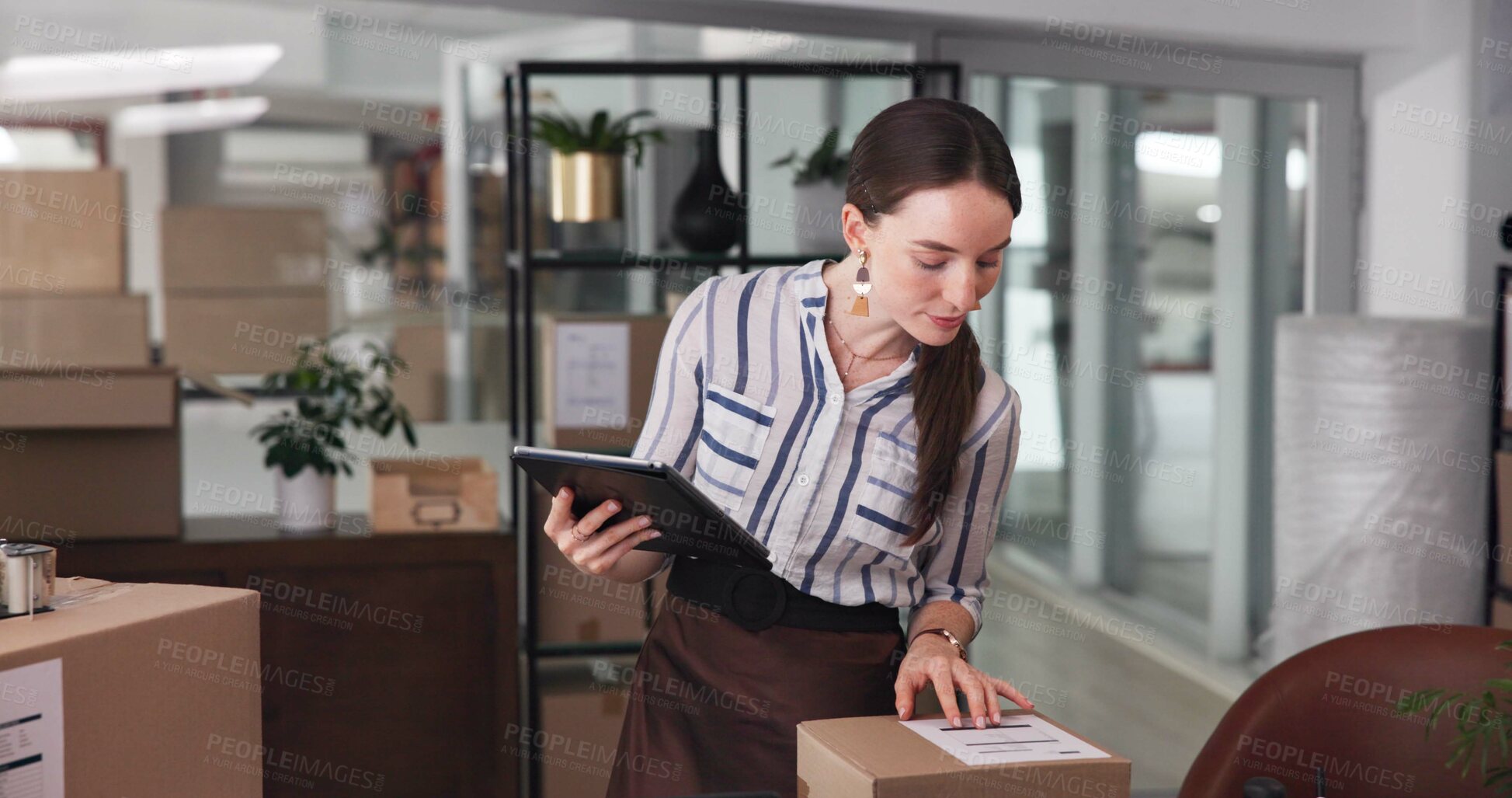 Buy stock photo Distribution, box or business woman with label, logistics invoice or reading delivery address on tablet. Package, shipping or technology for stock order, check inventory or quality control in startup