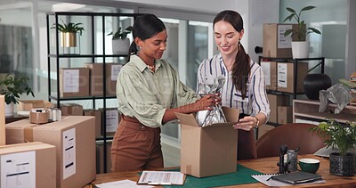 Buy stock photo Logistics, entrepreneur and people with boxes, packaging and preparing for order in warehouse and teamwork. Shipping, supply chain and women with cargo for small business, partnership and sales