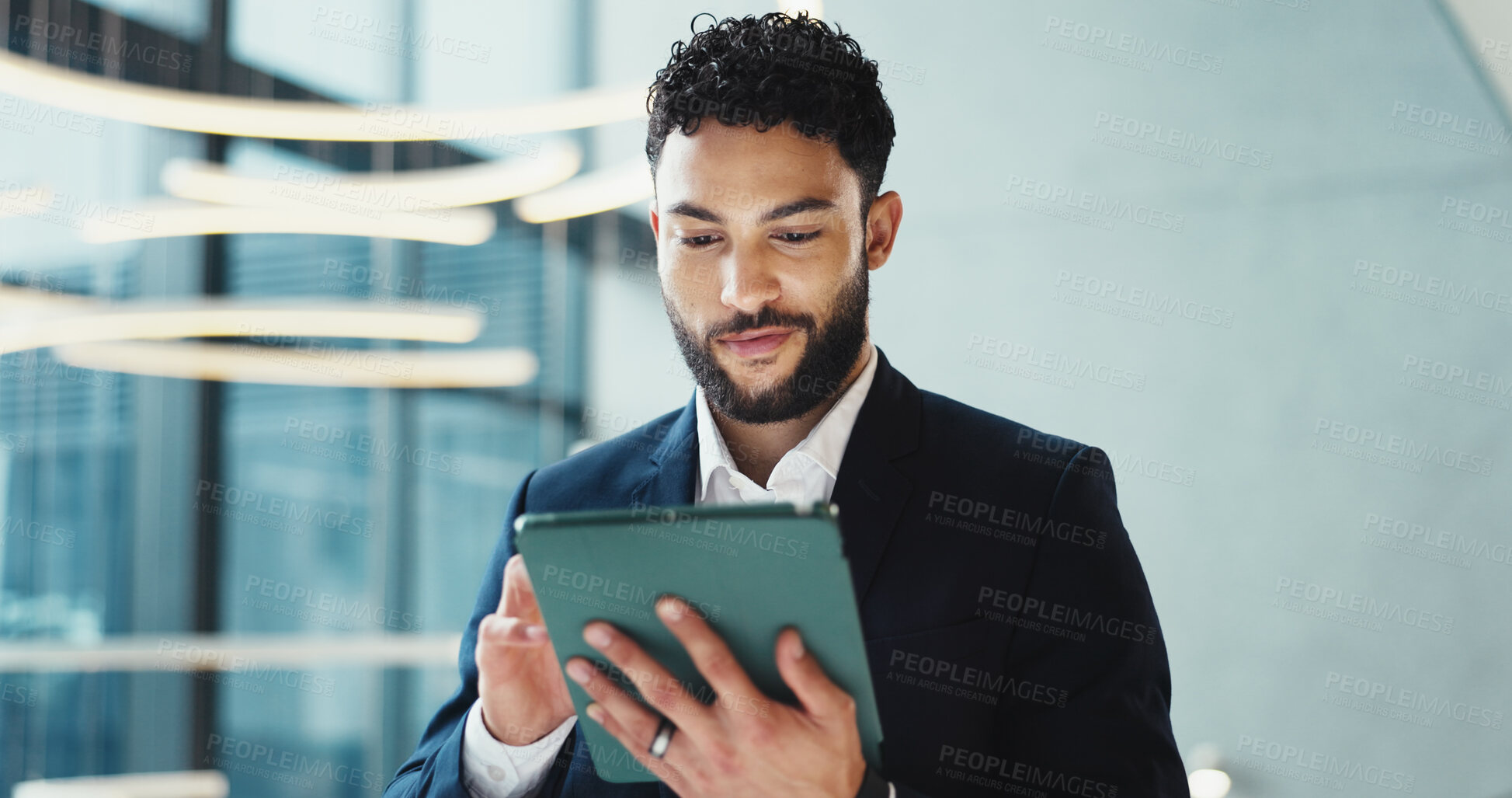 Buy stock photo Man, smile and tablet in office for business, economy research or stock market update in news. Trader, technology or online in agency for ecommerce, investment returns or internet banking with profit