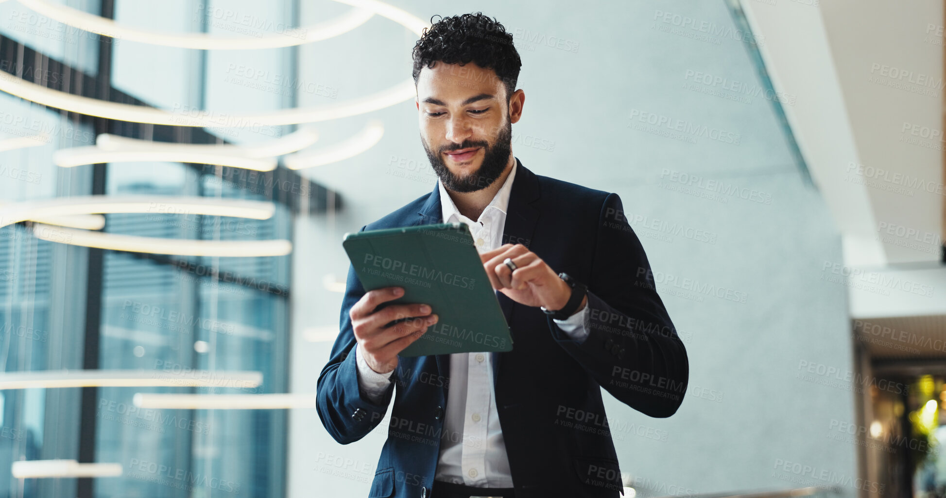 Buy stock photo Office, lobby and businessman with tablet for report, schedule information or conference hall planning. Seminar, employee and keynote speaker with smile for networking, research and online review